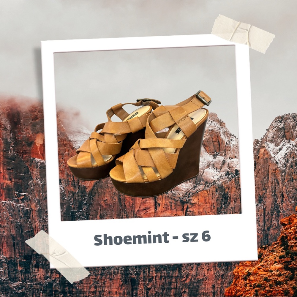 Shoemint Cognac Leather Open Weave Platform Sanda… - image 1